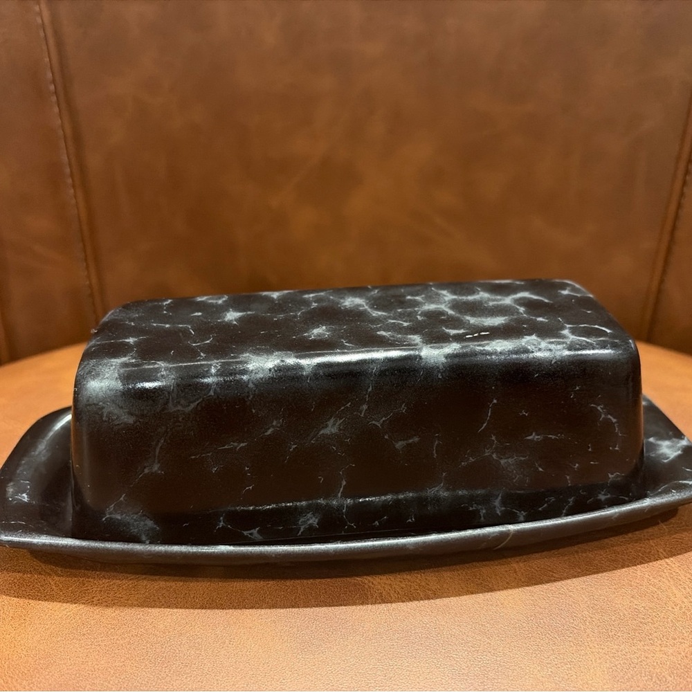 Bennington Potters Vintage Butter Dish Black Gray Marble Look spongeware Stamped